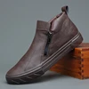 Men's Leather Winter Boots Casual Fashion Double Zipper High Tops Flat Shoes Slip on Plush Male Sneakers Loafers Tenis Masculino