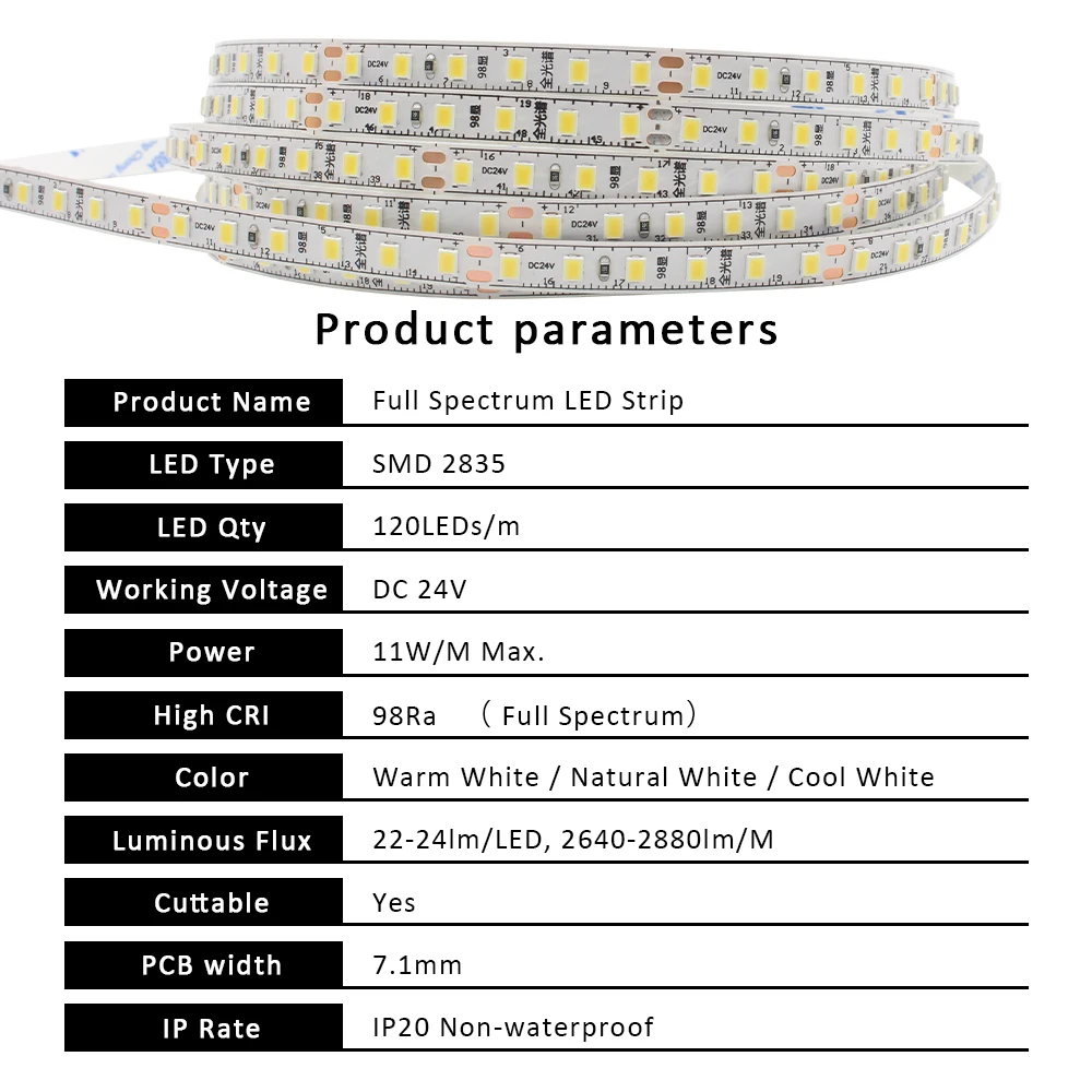 2835 풀 스펙트럼 LED 스트립 조명, 눈 보호, 따뜻한 차가운 흰색 120LED 선형 조명, 고휘도, 24V, 5m, 10m, RA98