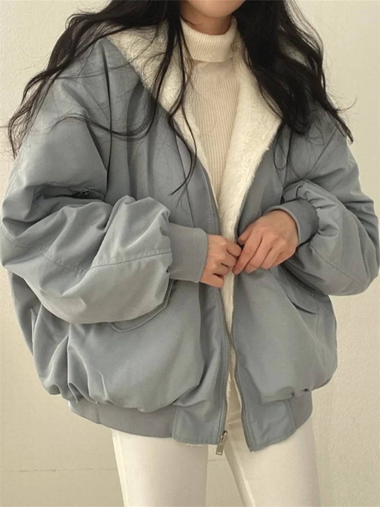 

Зимняя утепленная женская парка большого размера, кавайное двухстороннее пальто с капюшоном, Женская корейская мода, повседневные свободные куртки на молнии