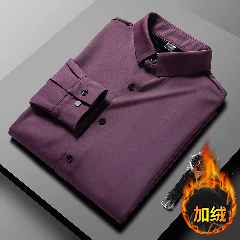 Winter Thicken Warm Shirts Men Large Size Long Sleeve Easy-care Velvet Fleece  Liner Business Casual Thermal Suit Shirt 7xl 8xl