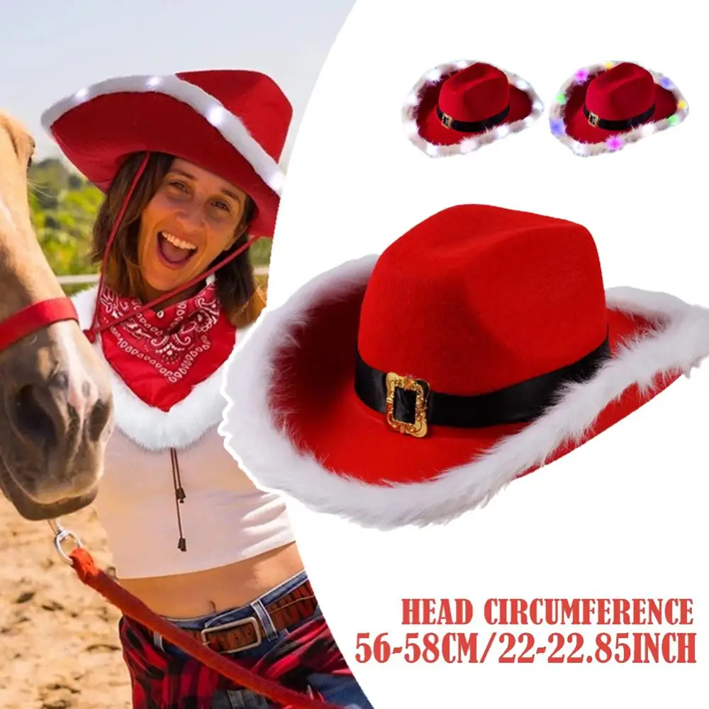 

Рождественские светящиеся ковбойские шляпы с Санта-Клаусом, красные фетровые шляпы с широкими полями для женщин и мужчин, рождественские подарки