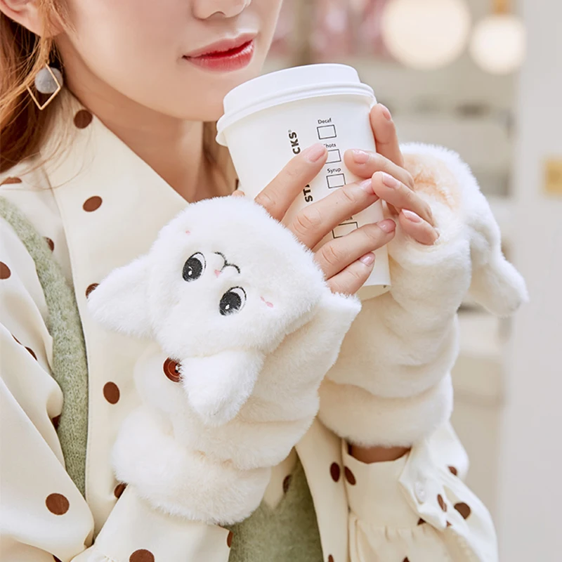 

Cute Plush Cat Mittens Fingerless Gloves For Women Girls Soft Winter Warm Thick Rabbit Fur Flip Cover Mittens Half Finger
