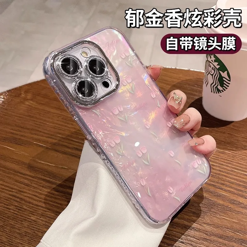 

Подходит для Apple iPhone 15 чехол для телефона тюльпан градиентный узор 14 полный пакет блестящая пленка для объектива защитный чехол