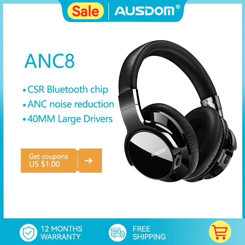 Ausdom Anc8 Cuffie Wireless Con Cancellazione Attiva Del Rumore Cuffie Bluetooth 5.0 Con Hifi Deep Bass 60H Playtime Per Il Lavoro Di Viaggio