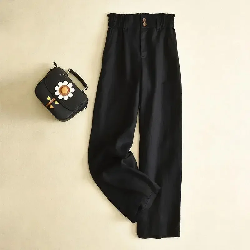 

Cotton Linen Edible Tree Fungus Elastic High Waist Women's Pants Casual Loose Korean Fashion Buttons Full-length Pants SQ94