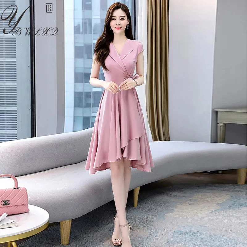 Big Size Fashion Dress Women Clothing Summer V-Neck Lace-Up Irregular  A-Line Casual Dress Lady Elegant Solid Color Modest Dress