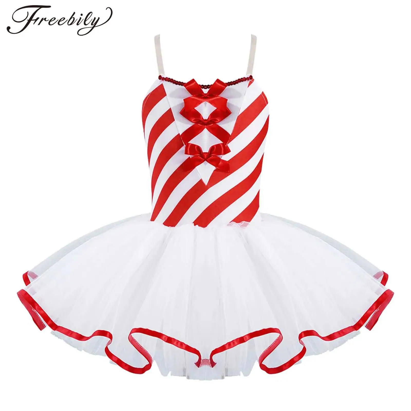 Kids Girls Candy Cane Striped Ballet Tutu Dance Dress Christmas