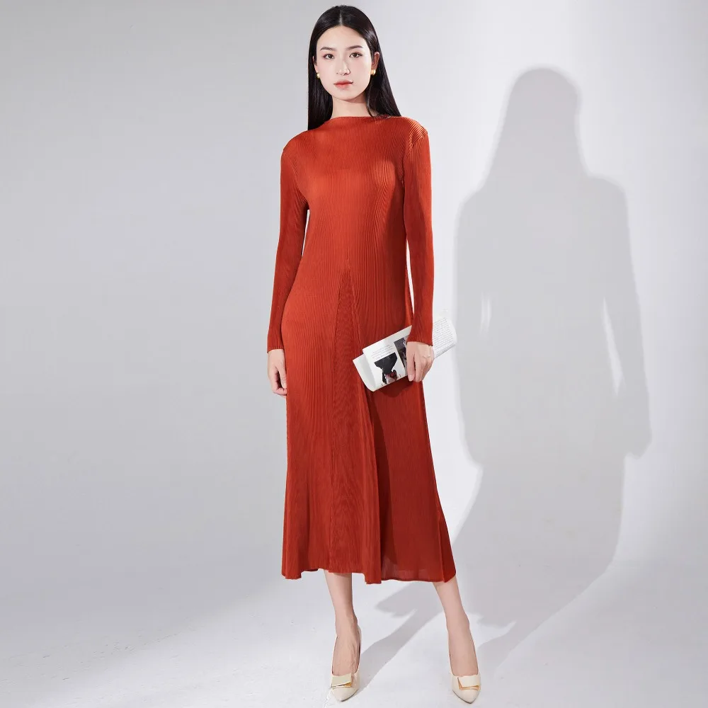 

Miyake Pleated Fall Long-sleeved Dress 2023 New Temperament Elegant A-line Long Dress Simple Loose Large Size with Elasticity