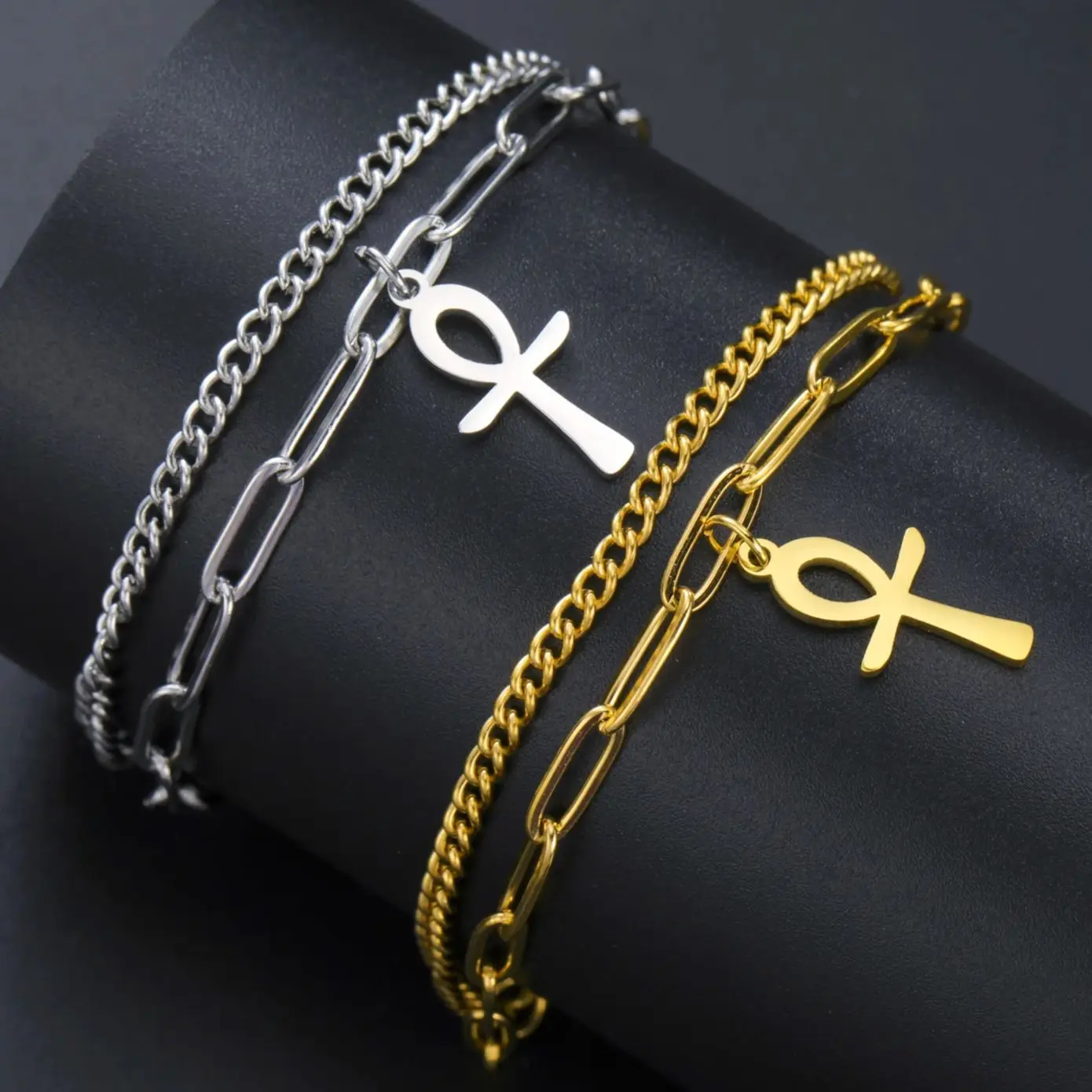 LIKGREAT Vintage Egypt Bracelet Ankh Charms Stainless Steel Bracelets Women Jewelry Double Chain Life Symbol Cross Amulet Anni