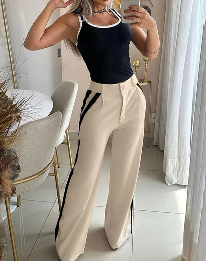 Summer Women Casual Two Piece Outfits Contrast Binding U-Neck Sleeveless Skinny Tank Top and Button Striped High Waist Pants Set summer casual two piece contrast binding asymmetrical neck sleeveless ribbed camisole top and pocket design slit midi skirt set