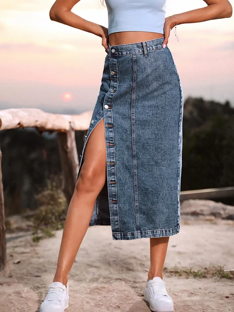 Women Front Longline Denim Skirt Button Retro Long Skirts Girls High Waist  Split Jeans Shorts Straight Maxi Dresses