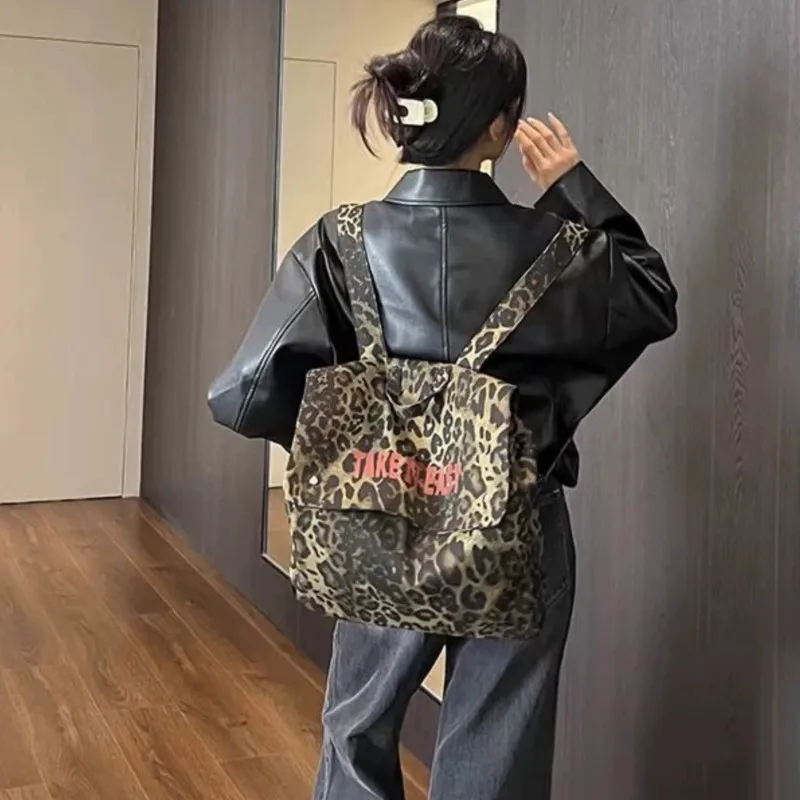 JIAERDI Sweet Cool Leopard Print Canvas Backpack Large Capacity Travel Student Y2k Backpacks Hot Girls Casual Mochila Aesthetic