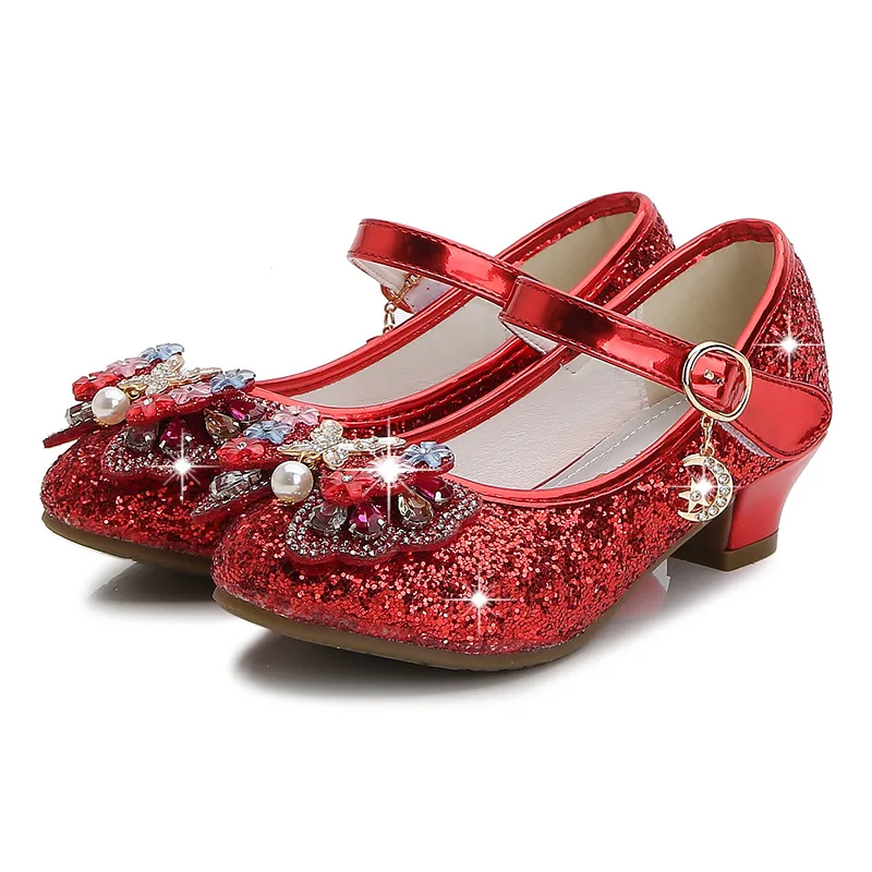 새로운 여름 Bowtie 여자 샌들 어린이 반짝이 하이힐 샌들 공주 파티 신발 키즈 패션 라인 석 Sandalias CSH823