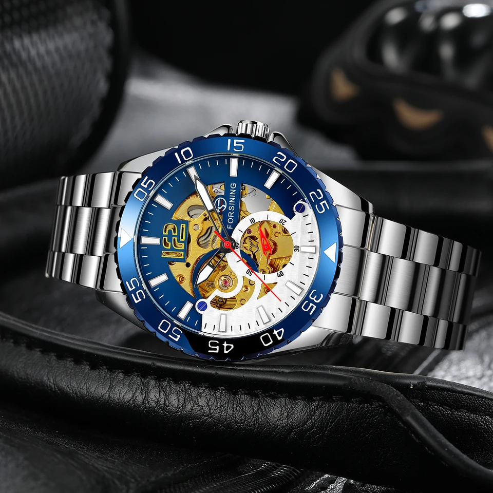 Orologio Uomo Orologio Automatico Meccanico Impermeabile Oro In Acciai Inox Scheletro Lusso Design Orologi Da Polso Classico Luminosi Calendario Analogico Fase Lunare