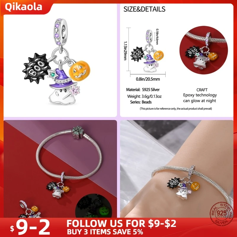 New in 925 Silver Halloween Collection Charm Glowing skull Beads Fit pand 3mm Bracelet DIY Pendant Woman Jewelry Hot Sale
