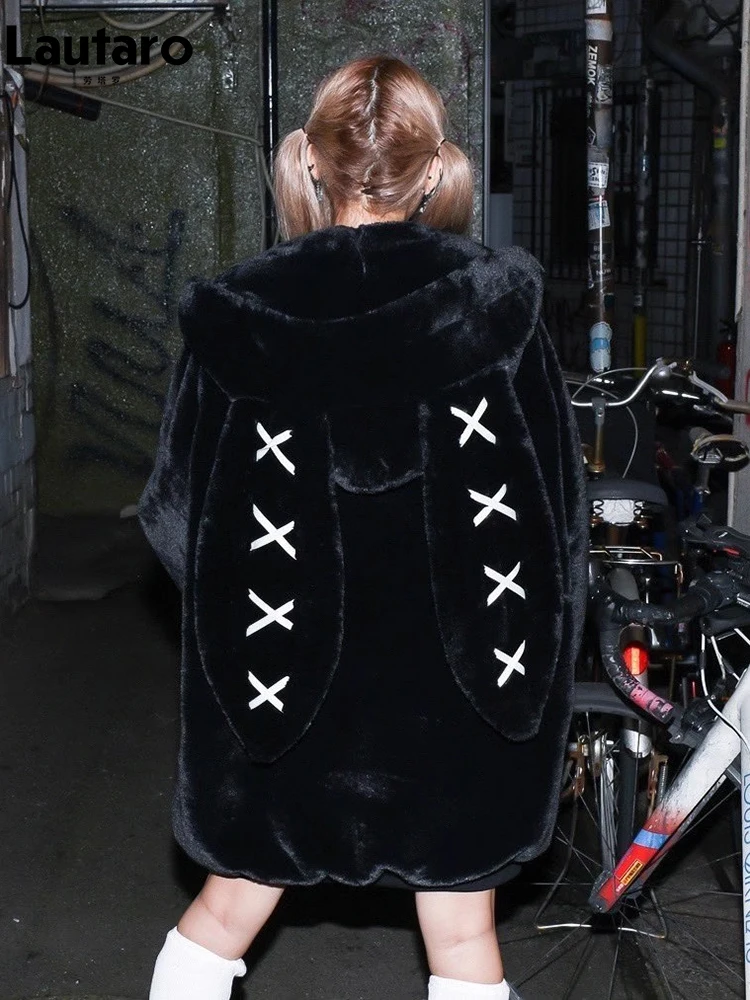 Lautaro Autumn Oversized Sweet Cute Soft Purple Black Faux Fur Coat Women with Bunny Ears Kawaii Loose Fluffy Jacket Hoodie 2023 3