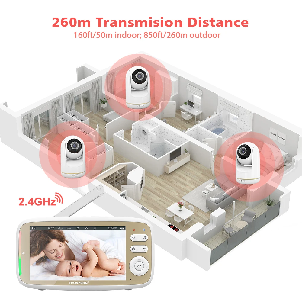 VB803 Baby Monitor Display più grande da 5 pollici 720P con fotocamera 330 ° Pan 135 ° Tilt 3X Zoom 2 vie Audio visione notturna telecamera per Babysitter
