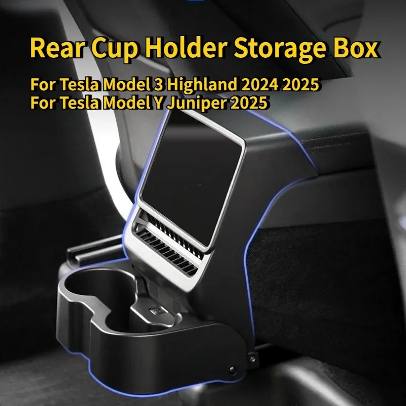For Tesla Model 3/Y Juniper 2025 Storage Box Rear Air Outlet Armrest Box Cup Holder Multi-Function Storage Holder Accessories
