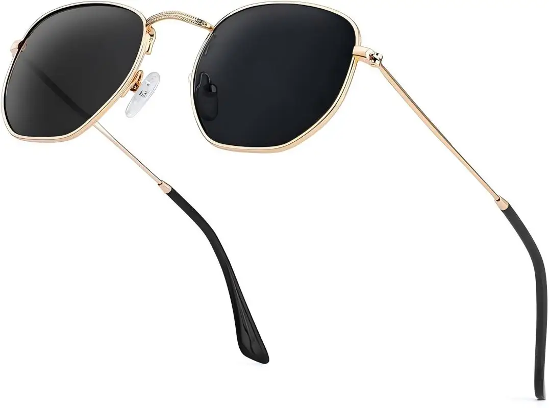 Fashionable metal frame hexagonal coloured lens sunglasses Women's daily street wear accessories Polarised square UV protection