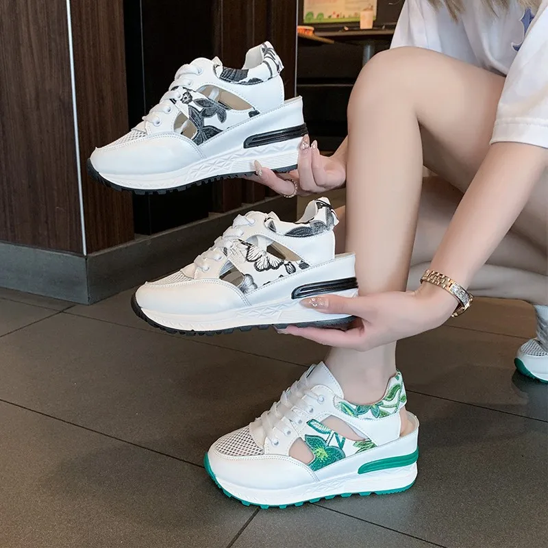 Women Breathable Mesh Sports Sandals Summer Casual Hollow Wedge Thick Sole Comfortable Non Slip Walking