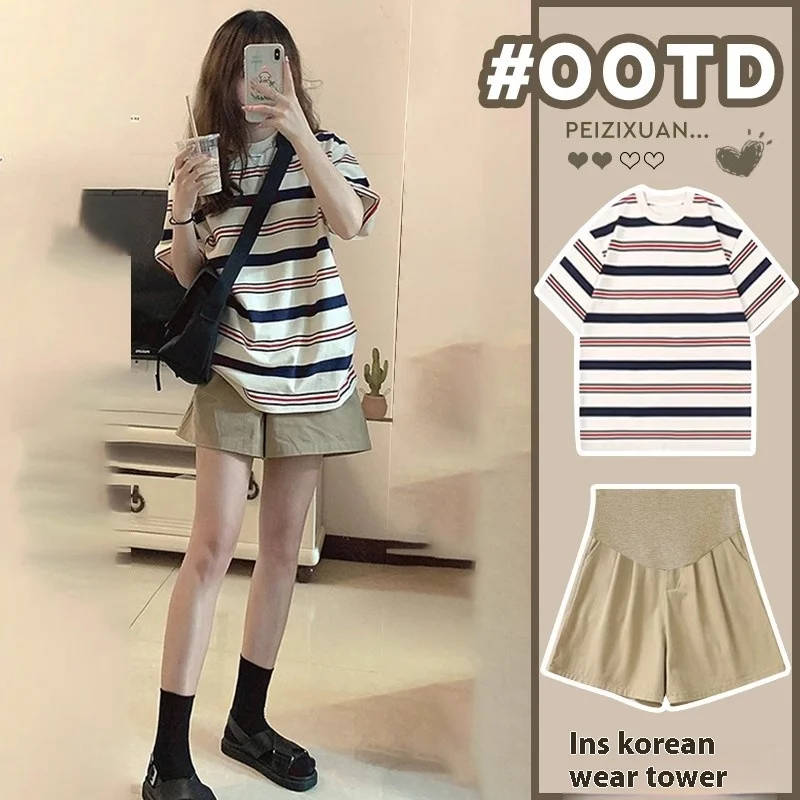 Maternity Summer Suit Short-Sleeved Fashion Summer New Shorts Casual Lazy Striped Top Short-Sleeved Shorts Two-Piece Set Yankee 2