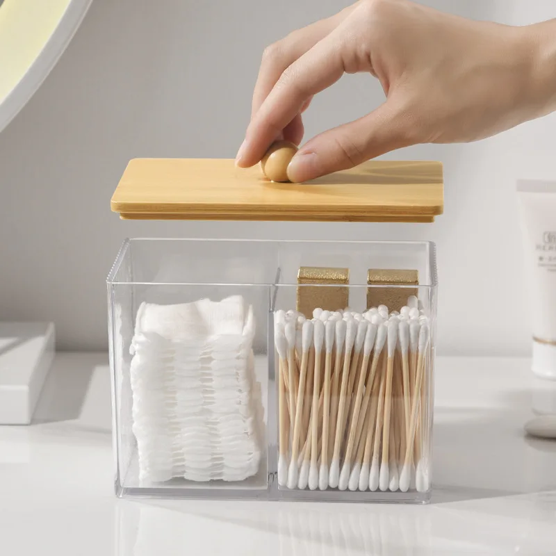 Acrylic Cotton Swab Holder Cotton Swab Dispenser with Bamboo Lids otton Ball Pad Round Swab Holder Clear Apothecary Canister Jar 3