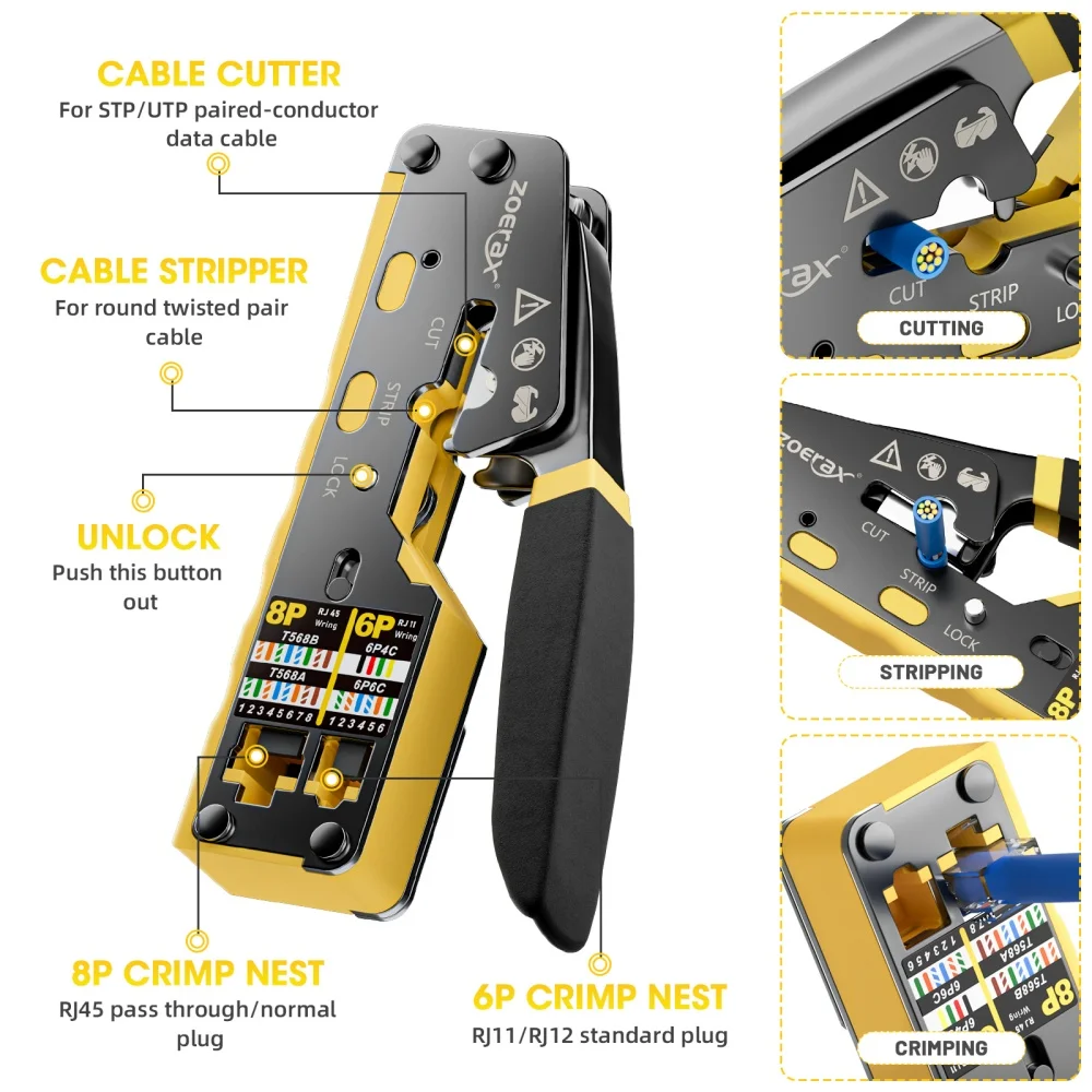 ZoeRax RJ45 CAT6 Crimp Tool Pass Through Crimper Cutter for Cat6 Cat5 Cat5e 8P8C Modular Connector Ethernet All-in-one Wire Tool — view 2