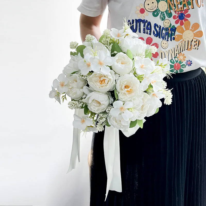 Wedding Accessories Bride Bouquet Groom Boutonniere Corsage Artificial Flowers Silk Peonies Roses Bridesmaid Bouquet Party Decor