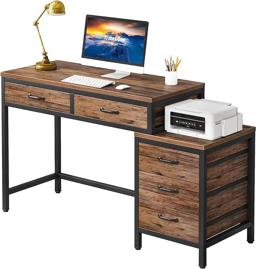 Metal Computer Desk w/ 5 Storage Drawers,Industrial PC Desks,Study Writing Table,Sturdy and Durable,Multiple Colors