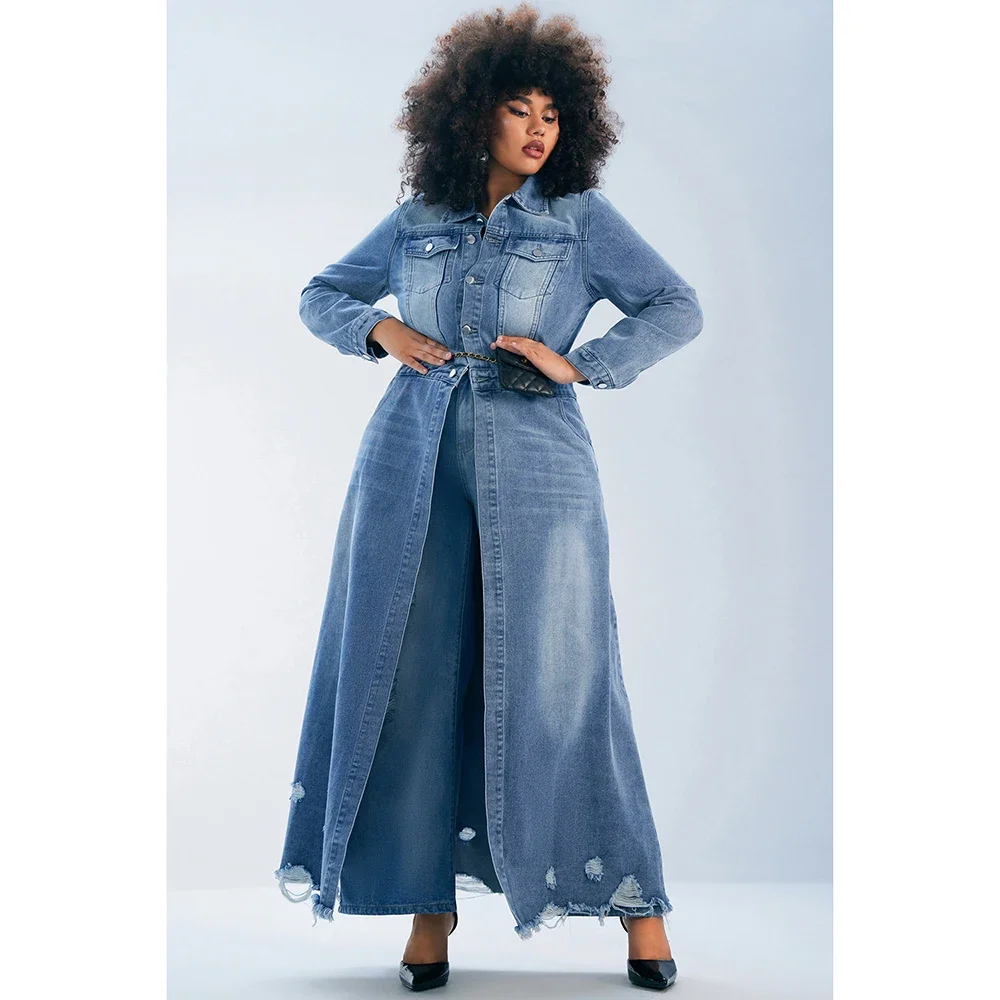 Fine blue print plus size clothing long fall lapel Button Down coat main image 1