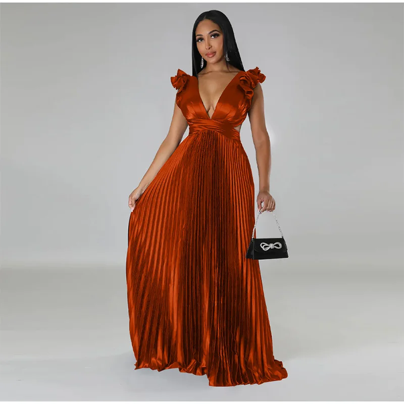 Women Solid Backless Elegant Long Dresses V-neck Pleated A-line Sexy Frock 2023 Spring Summer Evening Party Casual Style Dress