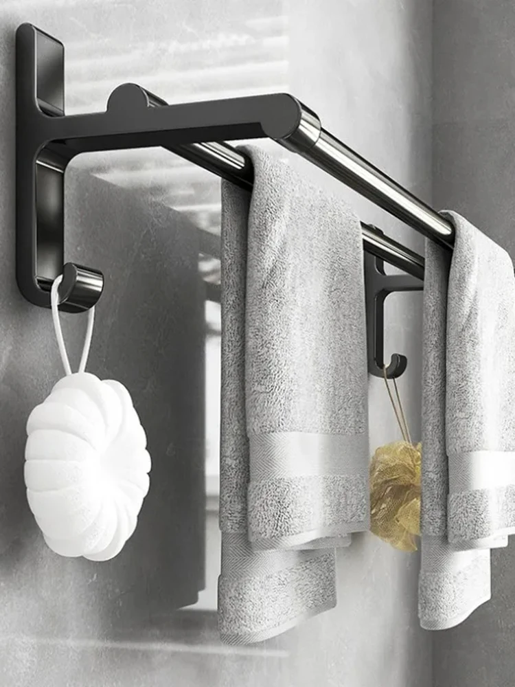 Description Picture 2 of itemBathroom Towel Racks Without Holes Space Aluminum Hanging Rack Suction Cup Toilet Wall Mounted Bathroom Double Rod Towel Bar