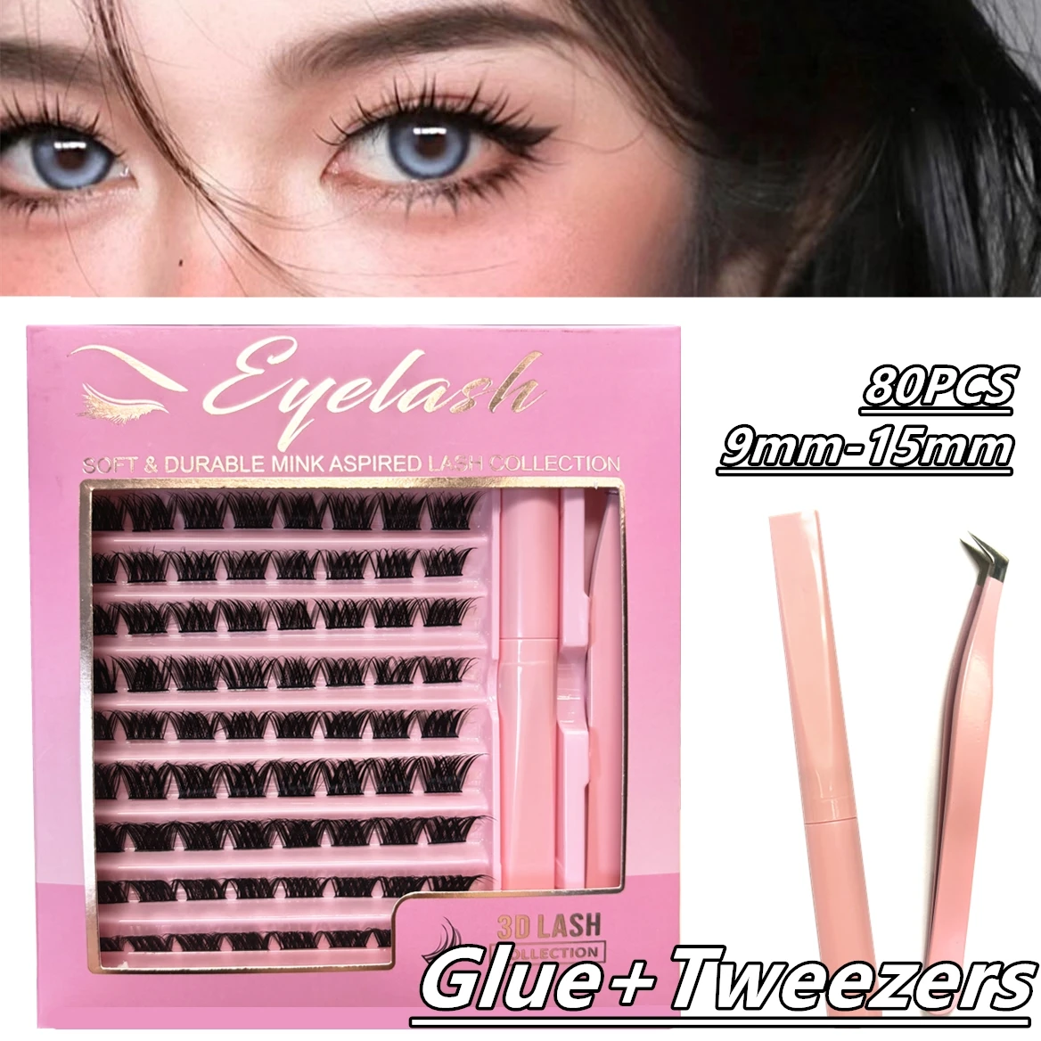 80PCS Clusters Eyelash With Bond and Tweezers Makeup Tools DIY Lashes Extension Kit for Lashes Waterproof Eyelashes Set Thick