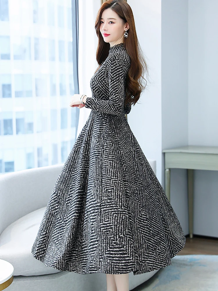 Women Print Striped Long Sleeve Midi Dress Autumn Winter