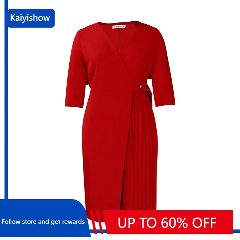 

2023 Winter Autumn Dress Ladies Women Casual Slim Office Dress Retro Elegant V-Neck High Waist 3/4 Sleeve Party Pleated Dress