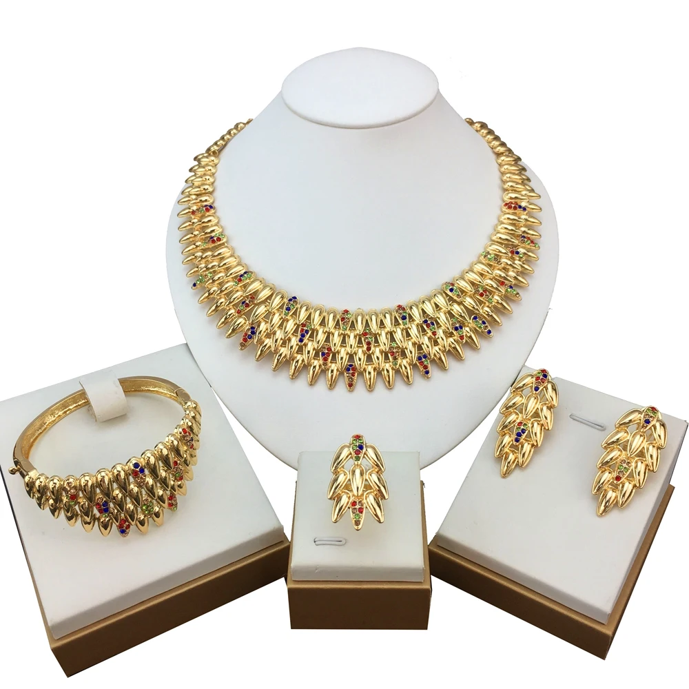 Italian Gold Plated Jewelry Set Dubai Quality Ladies Necklace Earrings Bracelet Rings Banquet Wedding Jewelry FHK18718