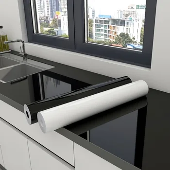 Carta da parati autoadesiva in vinile Nero lucido Armadio da cucina Stufa Adesivi staccabili e resistenti all'olio impermeabili Bagno 1