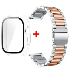 Tempered Glass Protective Shell with Stainless Steel Metal Band Bracelet for Realme Watch 5 (Clean - S - Rose Gold)