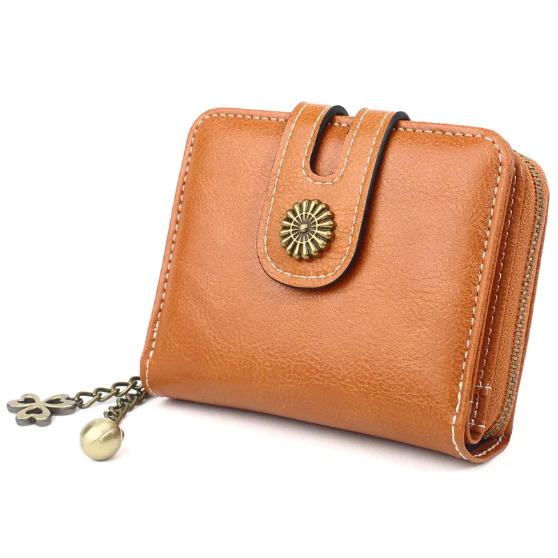 Women's Vintage Wallet Lubricated Leather Zipper Coin Three Fold Small Bag Purse Credit Card |