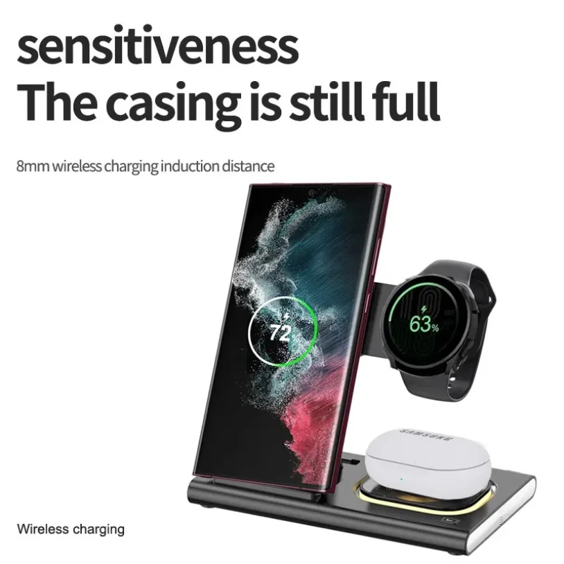 30W 3 in 1 Foldable LED Wireless Charger Stand For Samsung S24 S23 S22 Watch 6 5 4 Active 1 2 Galaxy Buds Fast Charging Station