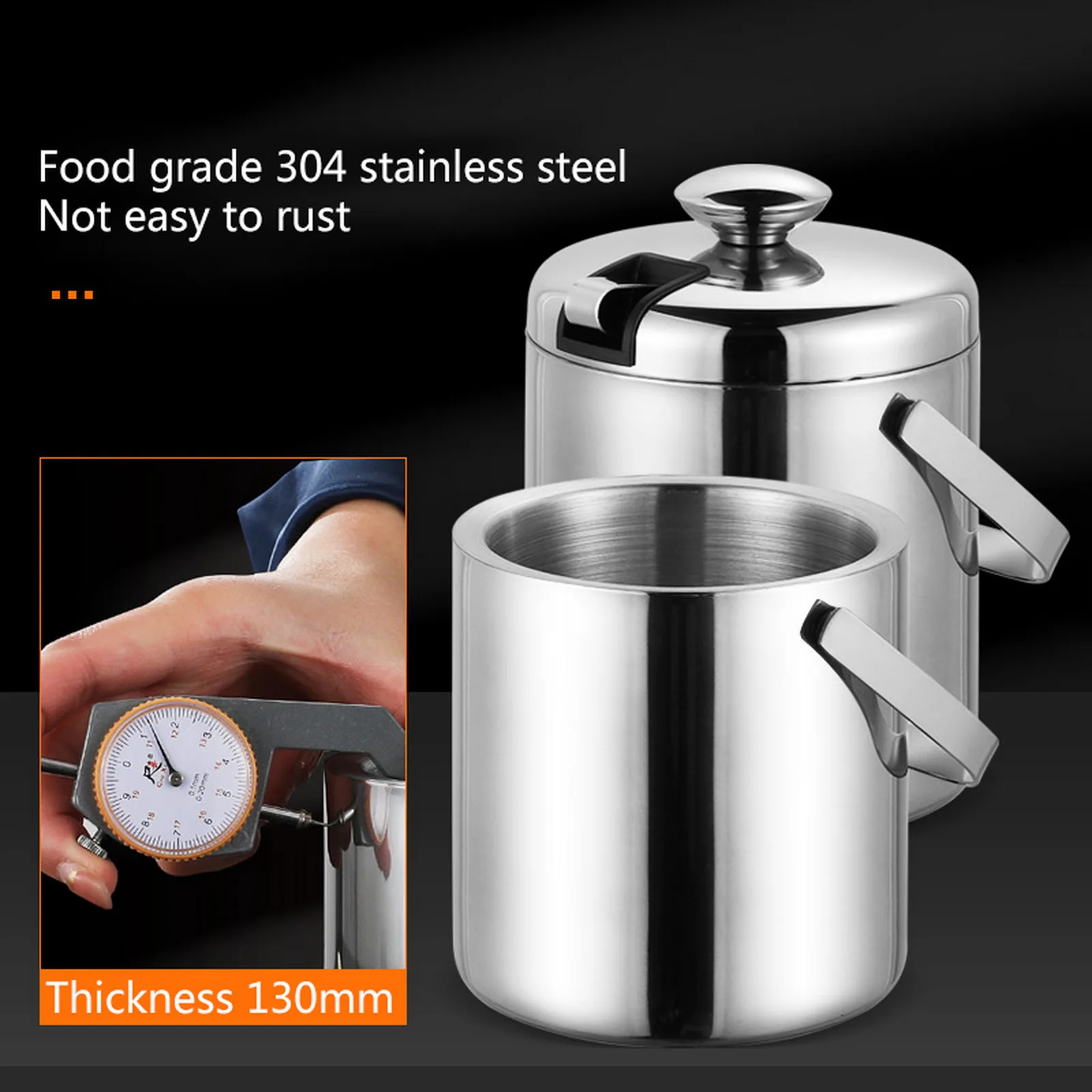 1.3L Ice Bucket With Tongs Double Wall Strainer Handle Home Bar Parties Chilling Beer Champagne Stainless Steel Cooler Buckets
