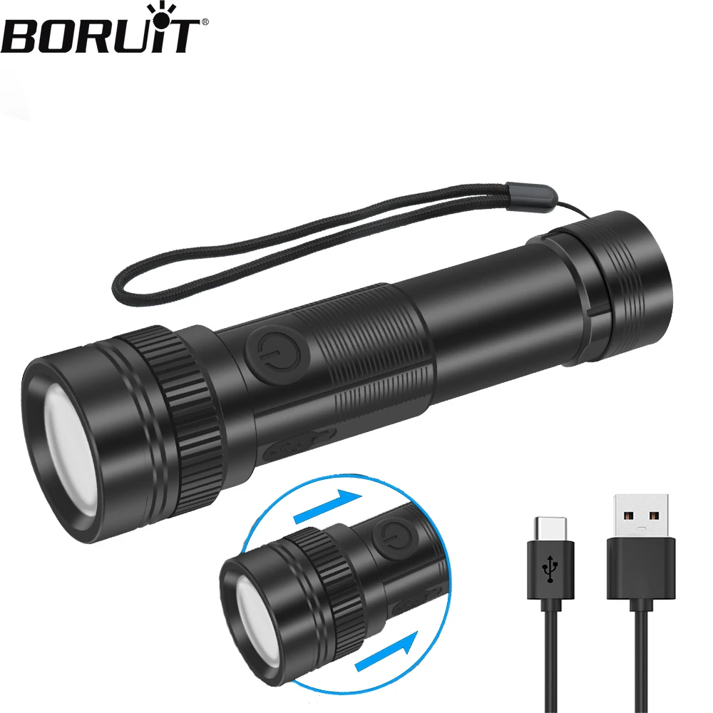 

BORUIT Super Bright LED Flashlight Portable Zoom Torch 4 Modes Type-C Rechargeable Waterproof Torch Light for Camping Emergency
