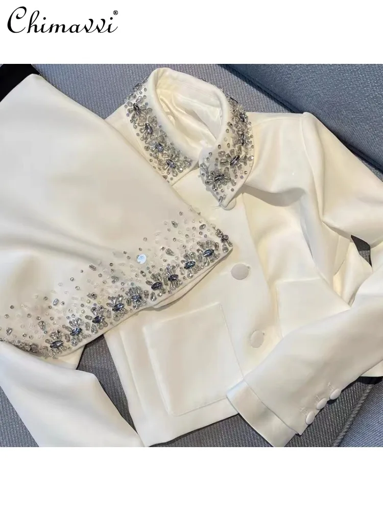 Fashion Elegant White Short Coat High Waist Slimming Beautiful Skirt Set 2023 Autumn Winter French Style Rhinestone Skirt Suit