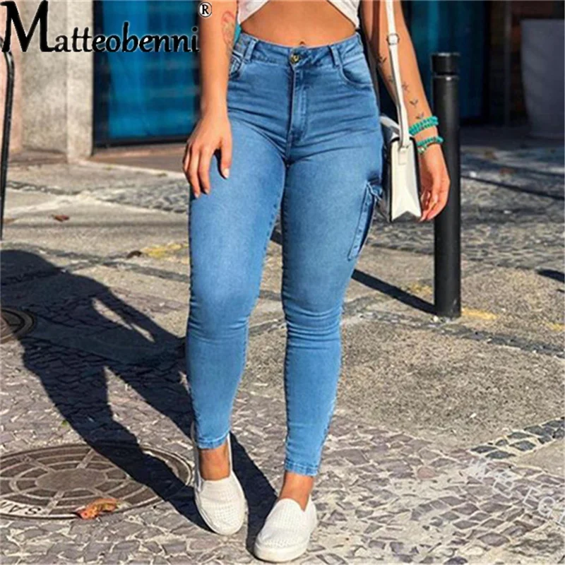 2021 Women Slim Distressed Pocket High Waist Denim Pencil Pants Sexy Stretch Tight Female Street Casual Trousers Jeans