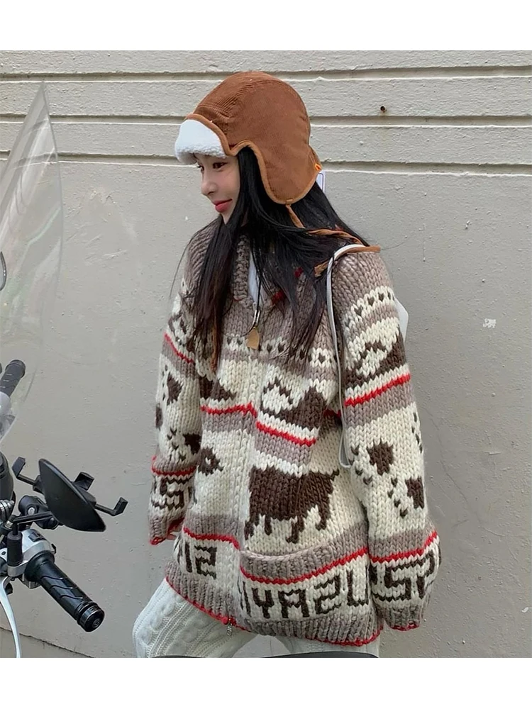 

Vintage Jacquard Knitted Cardigan Turn-down Collar Zippers Long Sleeve Sweater Spring New Year's Clothes Harajuku Jumpers