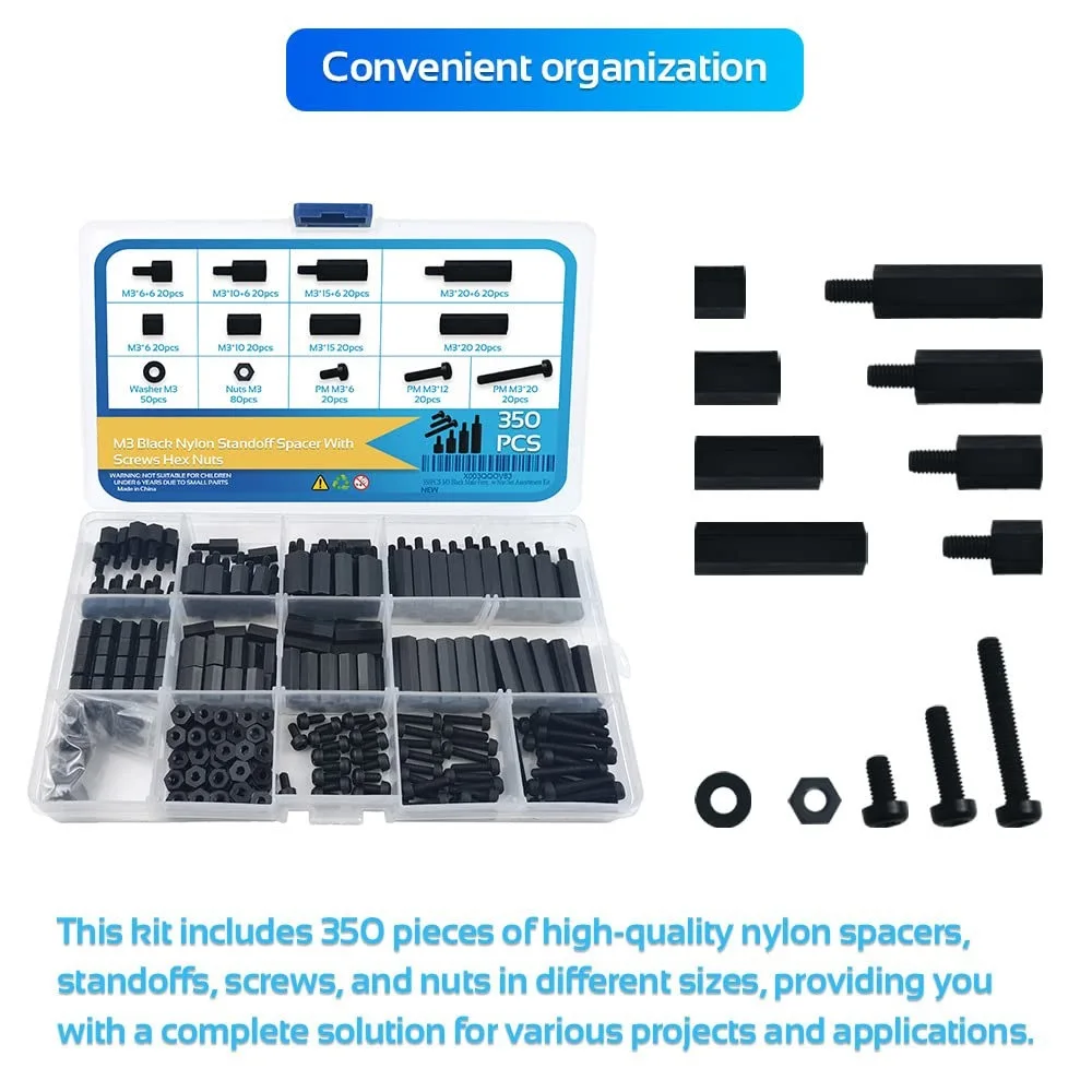 350PCS M3 Black Male Nylon Hexagonal Gasket Bracket Screw Nut Set Combination Kit