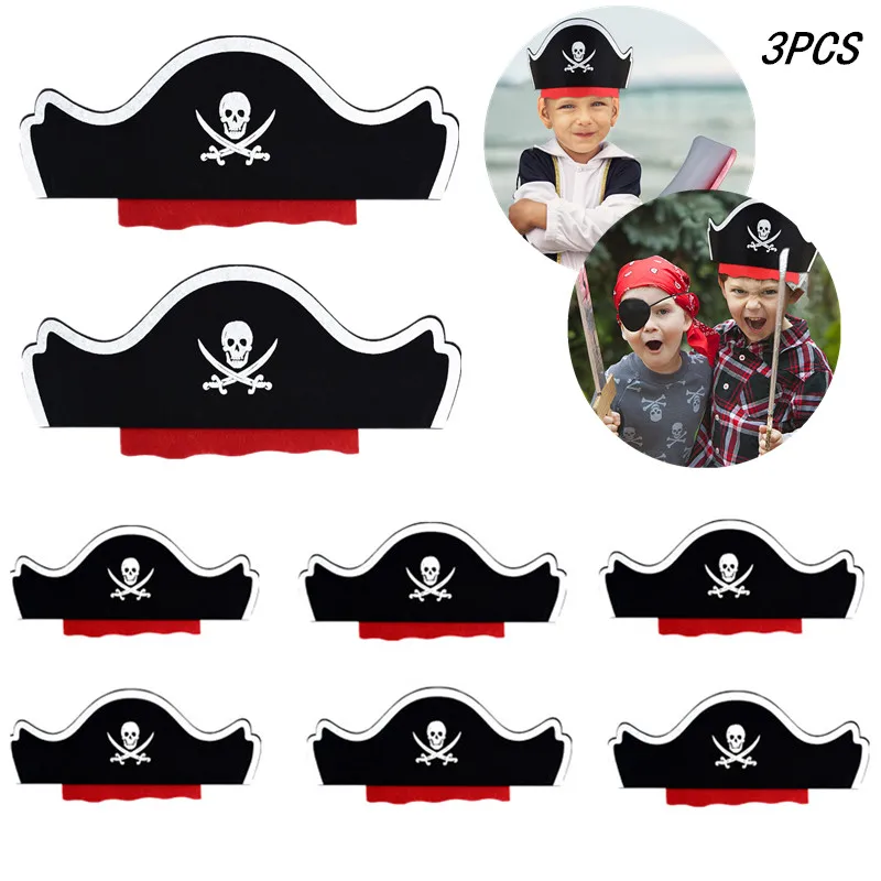 3Pcs Pirate Captain Felt Hat Pirates Skull Cap Halloween Party Cosplay Props Hat Children Birthday Party Decor Supply Photo Prop