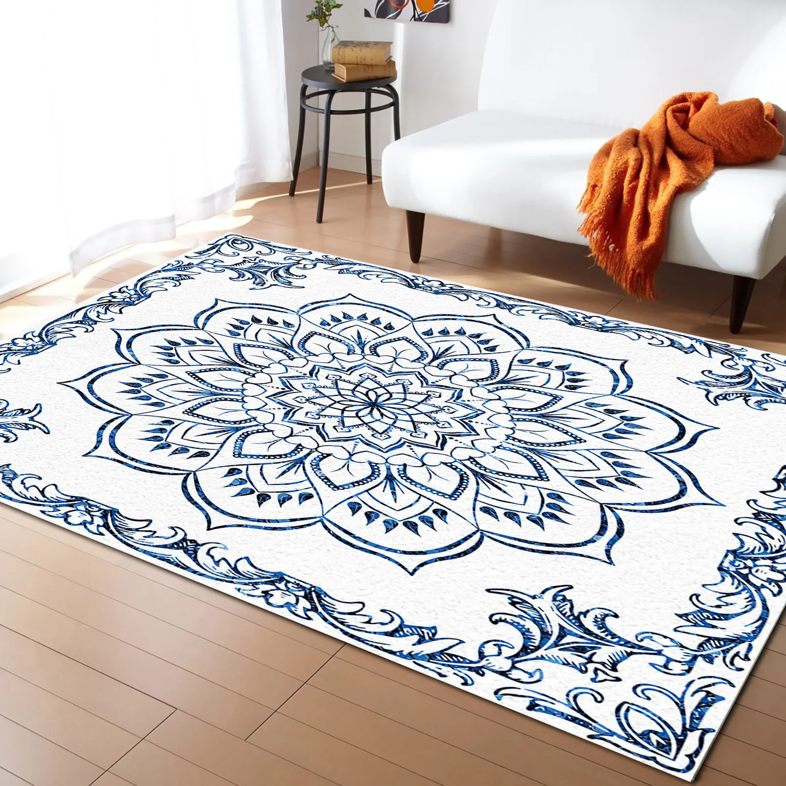 Mandala Pattern Retro Blue Living Room Carpet Coffee Table Floor Mat