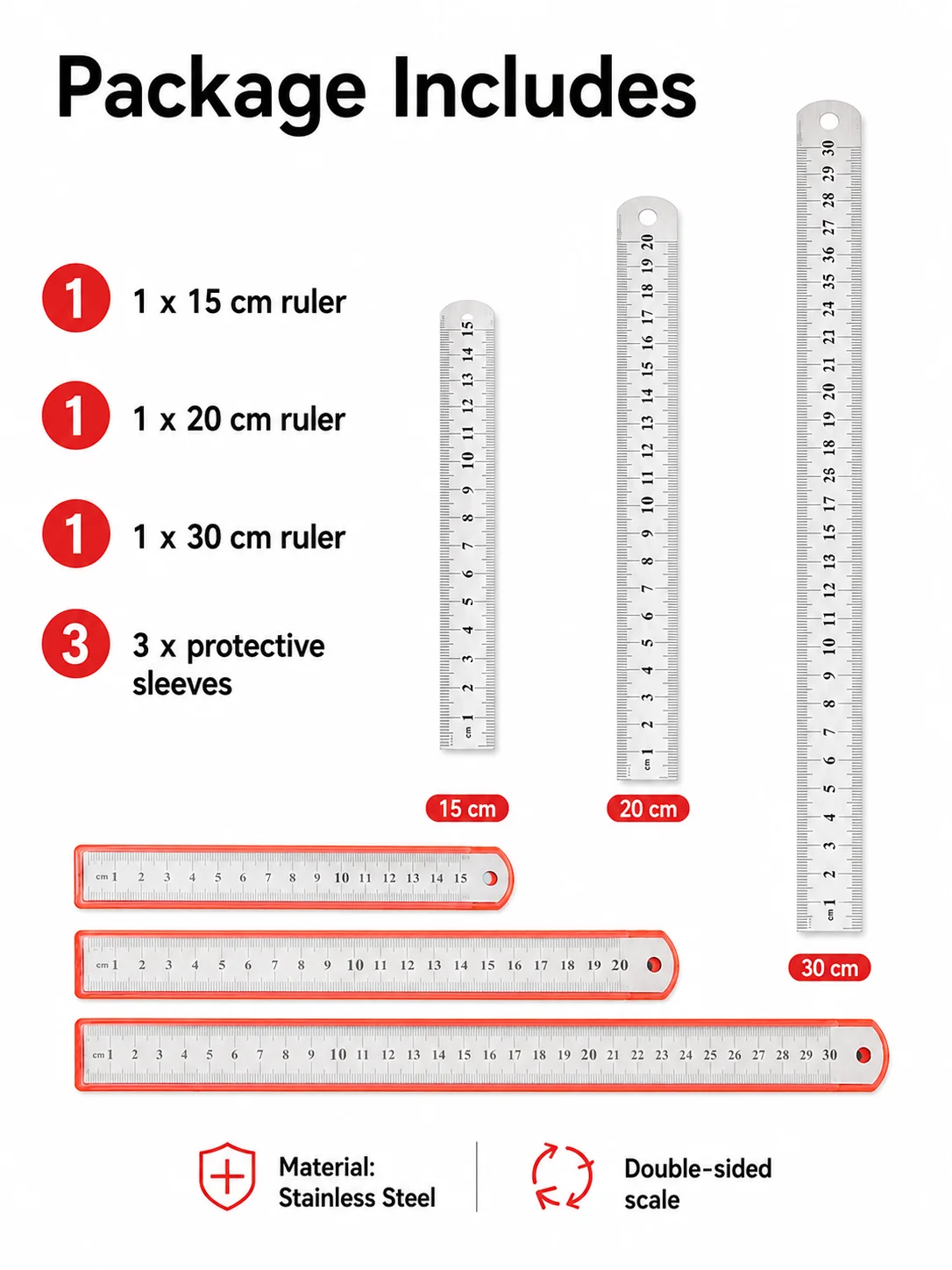 Premium Stainless Steel Ruler Set with Protective Sleeves - 3 Piece Edition (15cm, 20cm, 30cm)