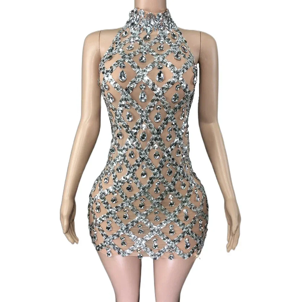 Sequins Crystals Short Summer Dress Sleeveless Transparent Women Evening Birthday Dress Singer Show Wear rhinestones dress